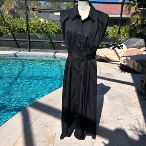 Belted black midi dress, M